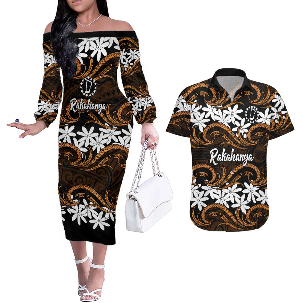 Personalised Cook Islands Rakahanga Couples Matching Off The Shoulder Long Sleeve Dress and Hawaiian Shirt Tiare Maori Polynesian Waves Tattoo LT14 Orange - Polynesian Pride