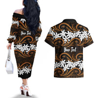 Personalised Cook Islands Rakahanga Couples Matching Off The Shoulder Long Sleeve Dress and Hawaiian Shirt Tiare Maori Polynesian Waves Tattoo LT14 - Polynesian Pride