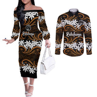 Personalised Cook Islands Rakahanga Couples Matching Off The Shoulder Long Sleeve Dress and Long Sleeve Button Shirt Tiare Maori Polynesian Waves Tattoo LT14 Orange - Polynesian Pride