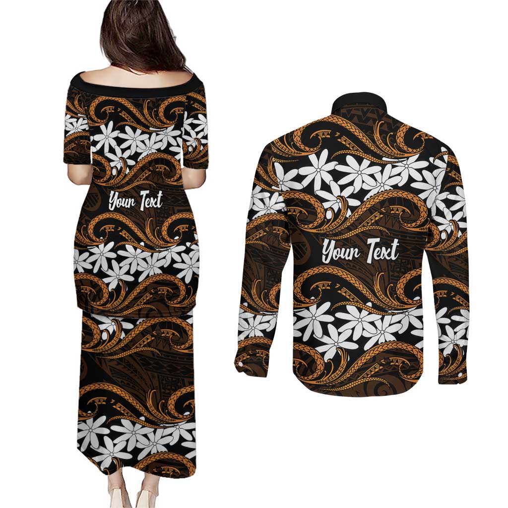 Personalised Cook Islands Rakahanga Couples Matching Puletasi and Long Sleeve Button Shirt Tiare Maori Polynesian Waves Tattoo