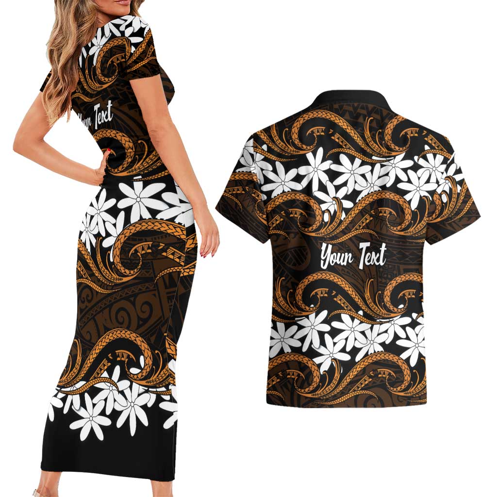 Personalised Cook Islands Rakahanga Couples Matching Short Sleeve Bodycon Dress and Hawaiian Shirt Tiare Maori Polynesian Waves Tattoo LT14 - Polynesian Pride