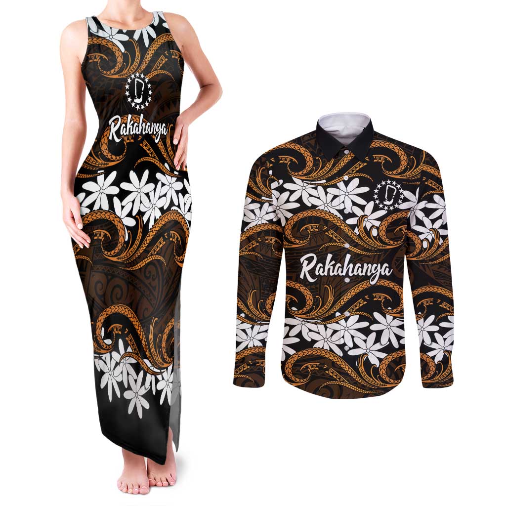 Personalised Cook Islands Rakahanga Couples Matching Tank Maxi Dress and Long Sleeve Button Shirt Tiare Maori Polynesian Waves Tattoo