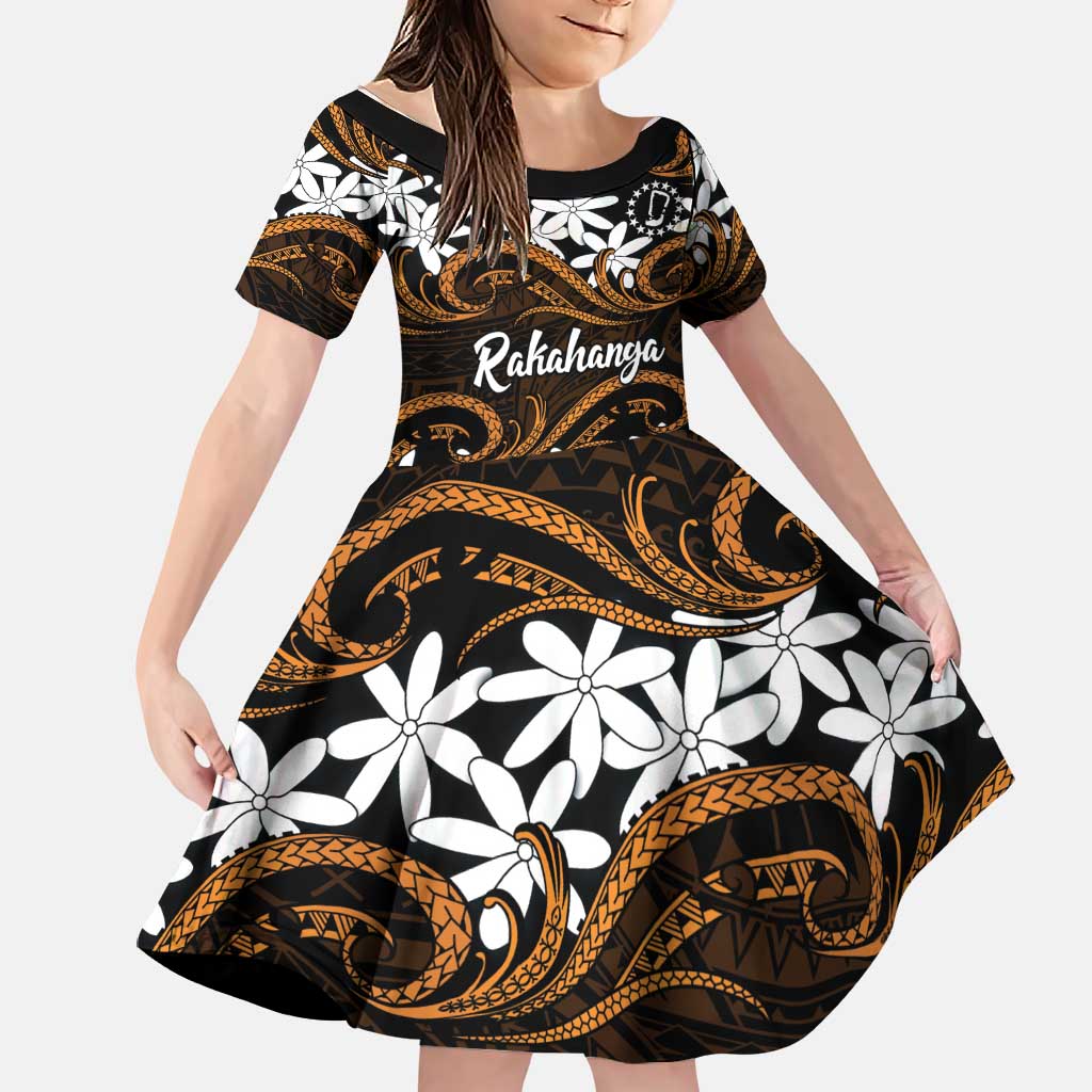 Personalised Cook Islands Rakahanga Family Matching Off Shoulder Maxi Dress and Hawaiian Shirt Tiare Maori Polynesian Waves Tattoo LT14 Daughter's Dress Orange - Polynesian Pride