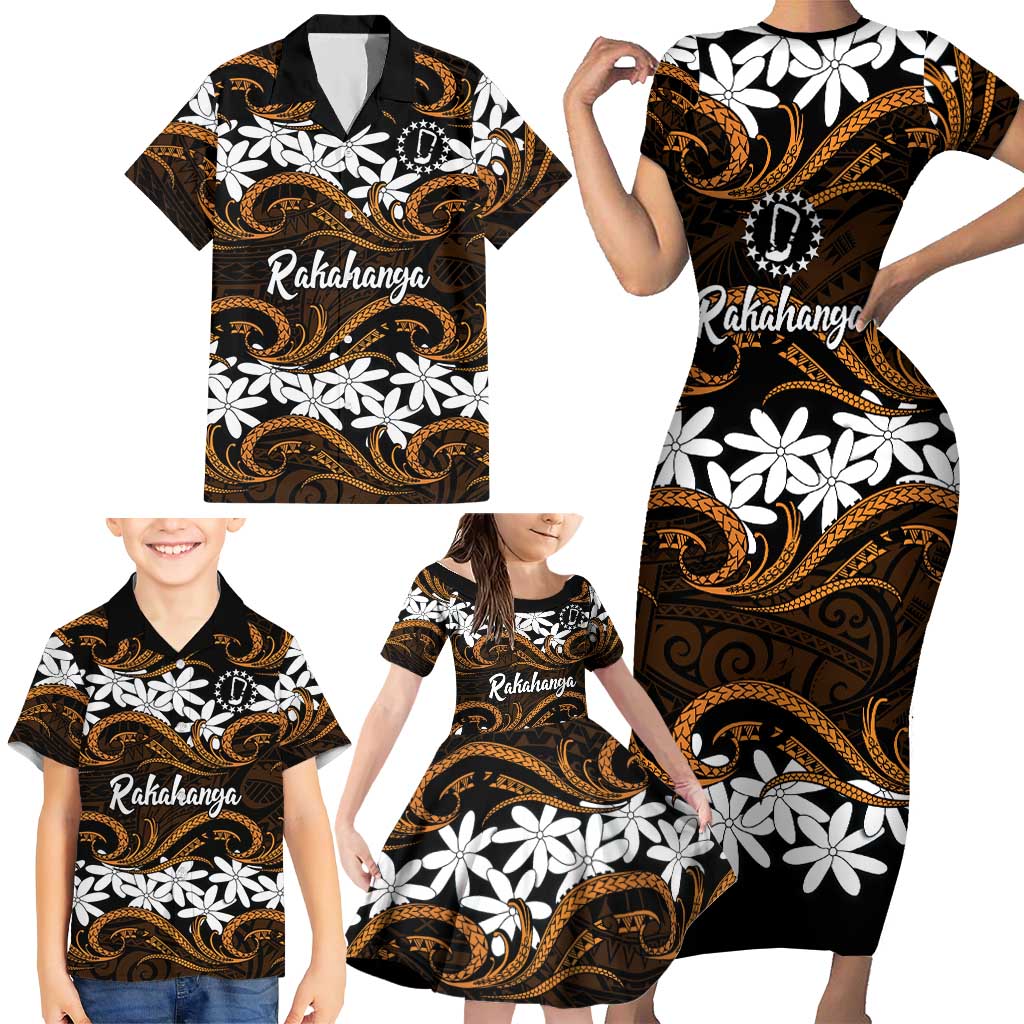 Personalised Cook Islands Rakahanga Family Matching Short Sleeve Bodycon Dress and Hawaiian Shirt Tiare Maori Polynesian Waves Tattoo