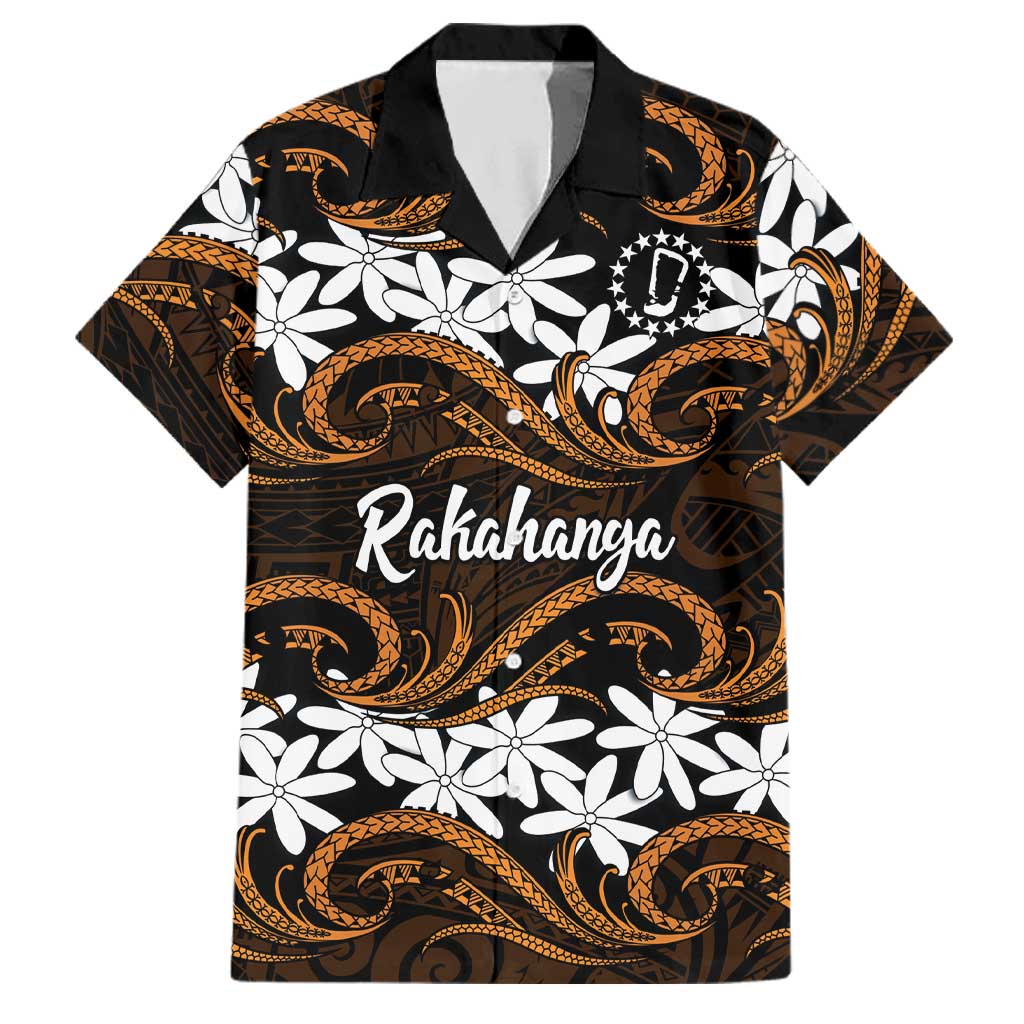 Personalised Cook Islands Rakahanga Family Matching Tank Maxi Dress and Hawaiian Shirt Tiare Maori Polynesian Waves Tattoo LT14 Dad's Shirt - Short Sleeve Orange - Polynesian Pride