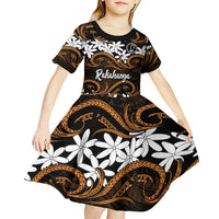 Personalised Cook Islands Rakahanga Kid Short Sleeve Dress Tiare Maori Polynesian Waves Tattoo