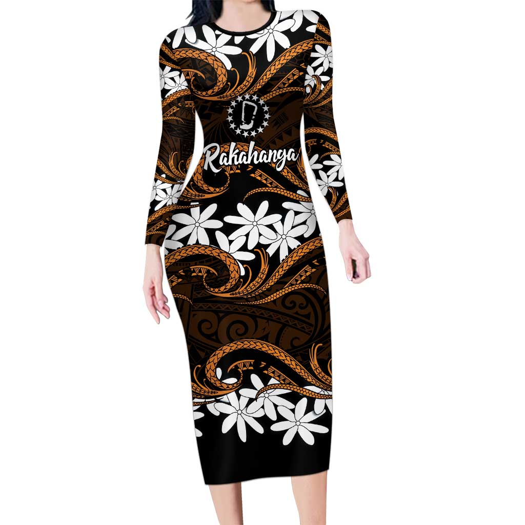 Personalised Cook Islands Rakahanga Long Sleeve Bodycon Dress Tiare Maori Polynesian Waves Tattoo