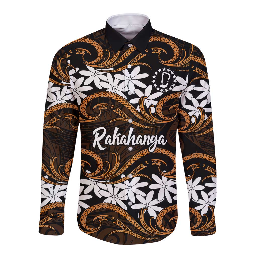 Personalised Cook Islands Rakahanga Long Sleeve Button Shirt Tiare Maori Polynesian Waves Tattoo