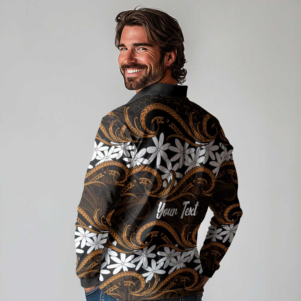 Personalised Cook Islands Rakahanga Long Sleeve Polo Shirt Tiare Maori Polynesian Waves Tattoo