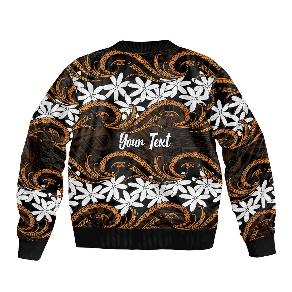 Personalised Cook Islands Rakahanga Sleeve Zip Bomber Jacket Tiare Maori Polynesian Waves Tattoo