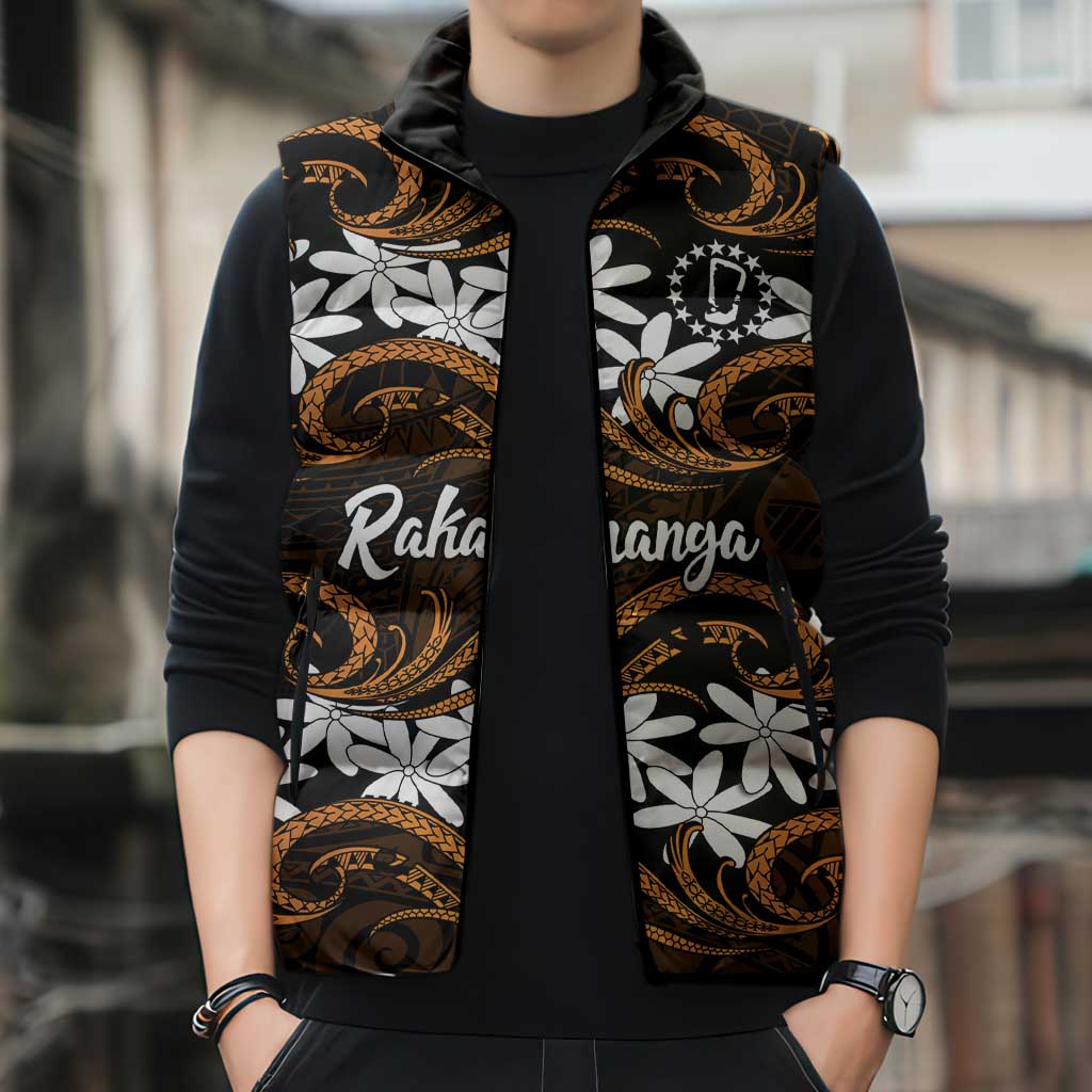 Personalised Cook Islands Rakahanga Sleeveless Puffer Jacket Tiare Maori Polynesian Waves Tattoo