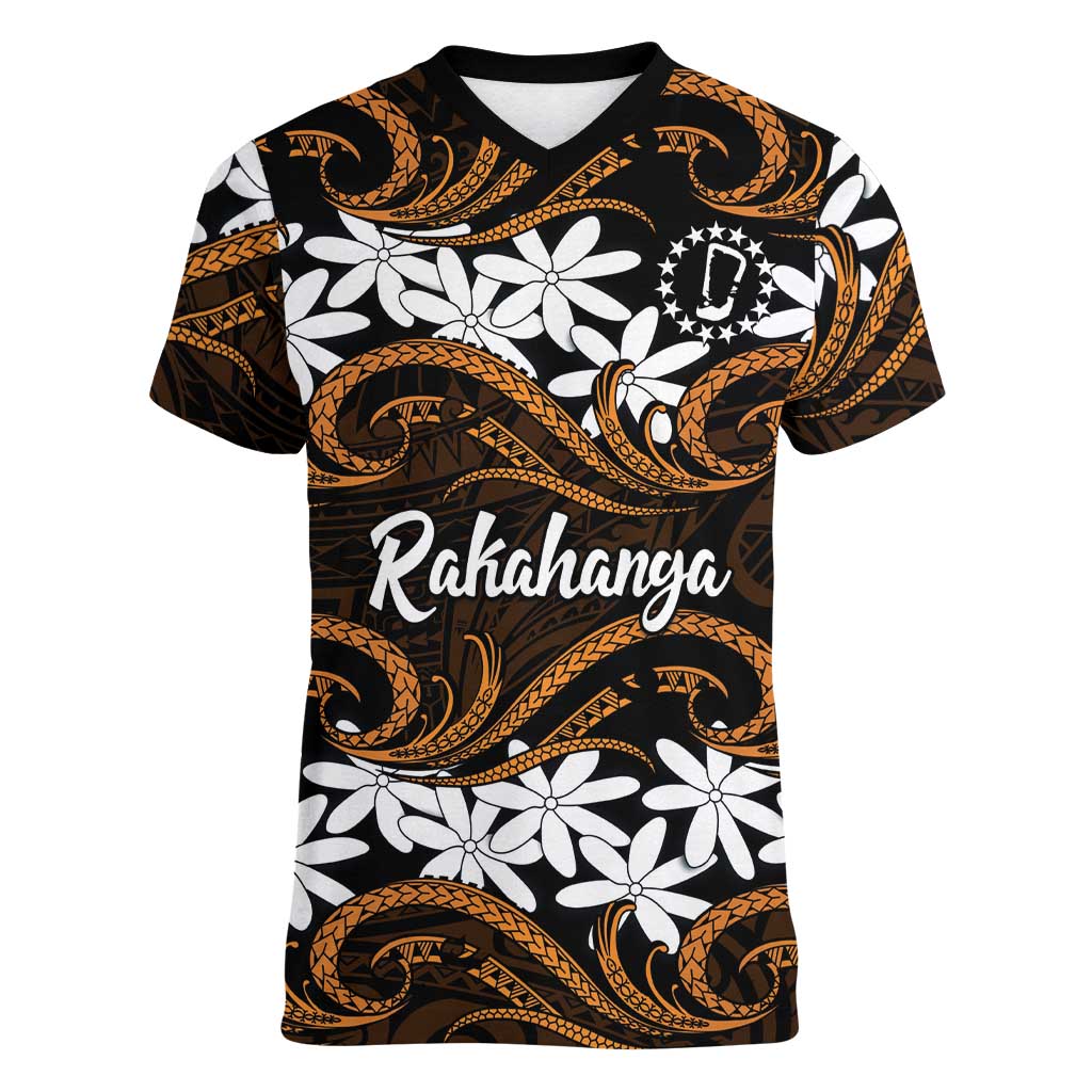 Personalised Cook Islands Rakahanga Women V-Neck T-Shirt Tiare Maori Polynesian Waves Tattoo