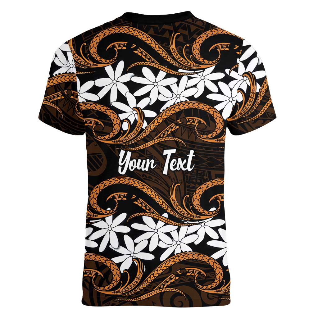 Personalised Cook Islands Rakahanga Women V-Neck T-Shirt Tiare Maori Polynesian Waves Tattoo LT14 - Polynesian Pride
