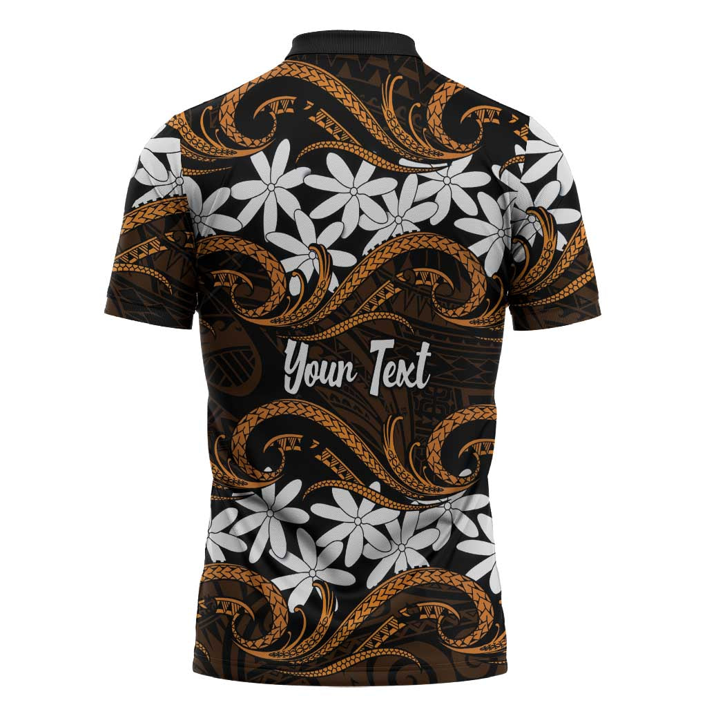 Personalised Cook Islands Rakahanga Zipper Polo Shirt Tiare Maori Polynesian Waves Tattoo