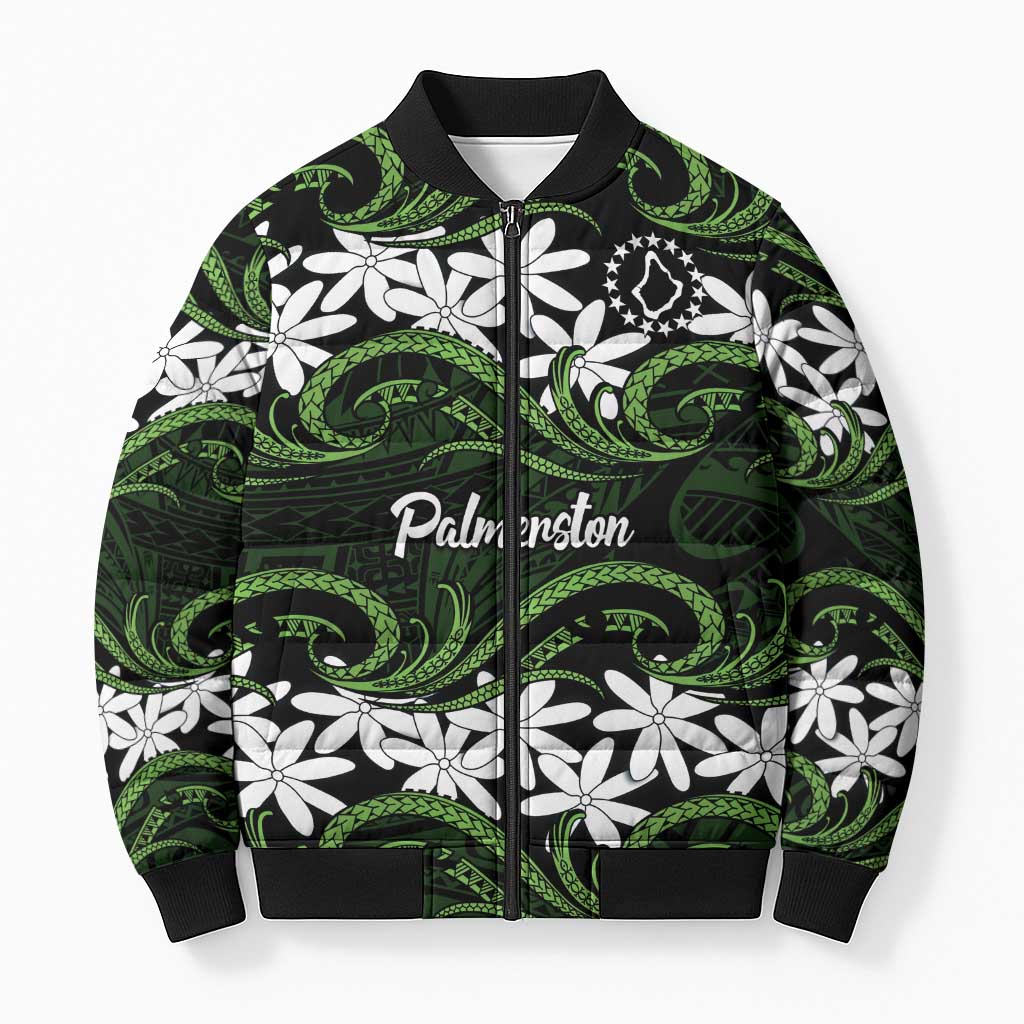 Personalised Cook Islands Palmerston Bomber Puffer Jacket Tiare Maori Polynesian Waves Tattoo