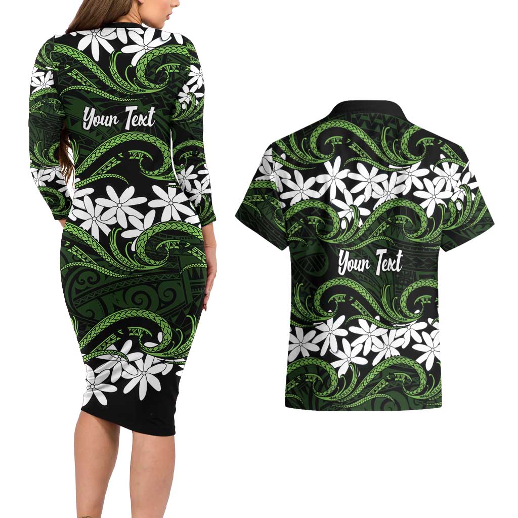 Personalised Cook Islands Palmerston Couples Matching Long Sleeve Bodycon Dress and Hawaiian Shirt Tiare Maori Polynesian Waves Tattoo LT14 - Polynesian Pride