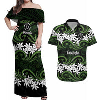 Personalised Cook Islands Palmerston Couples Matching Off Shoulder Maxi Dress and Hawaiian Shirt Tiare Maori Polynesian Waves Tattoo LT14 Green - Polynesian Pride