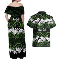 Personalised Cook Islands Palmerston Couples Matching Off Shoulder Maxi Dress and Hawaiian Shirt Tiare Maori Polynesian Waves Tattoo LT14 - Polynesian Pride