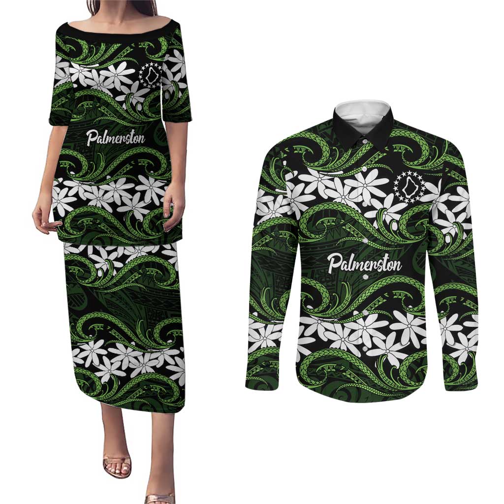 Personalised Cook Islands Palmerston Couples Matching Puletasi and Long Sleeve Button Shirt Tiare Maori Polynesian Waves Tattoo