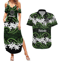 Personalised Cook Islands Palmerston Couples Matching Summer Maxi Dress and Hawaiian Shirt Tiare Maori Polynesian Waves Tattoo LT14 Green - Polynesian Pride
