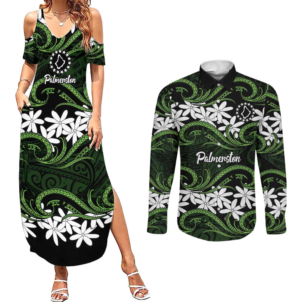 Personalised Cook Islands Palmerston Couples Matching Summer Maxi Dress and Long Sleeve Button Shirt Tiare Maori Polynesian Waves Tattoo