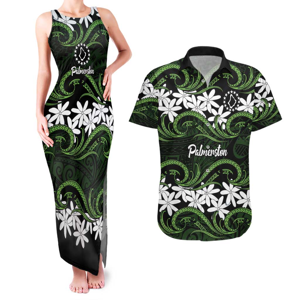 Personalised Cook Islands Palmerston Couples Matching Tank Maxi Dress and Hawaiian Shirt Tiare Maori Polynesian Waves Tattoo