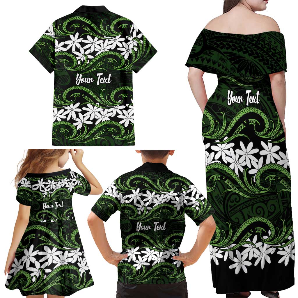 Personalised Cook Islands Palmerston Family Matching Off Shoulder Maxi Dress and Hawaiian Shirt Tiare Maori Polynesian Waves Tattoo LT14 - Polynesian Pride