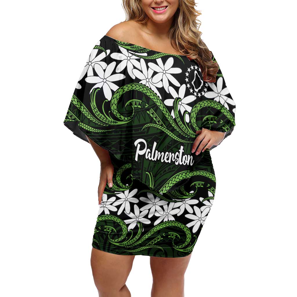 Personalised Cook Islands Palmerston Family Matching Off Shoulder Short Dress and Hawaiian Shirt Tiare Maori Polynesian Waves Tattoo LT14 Mom's Dress Green - Polynesian Pride