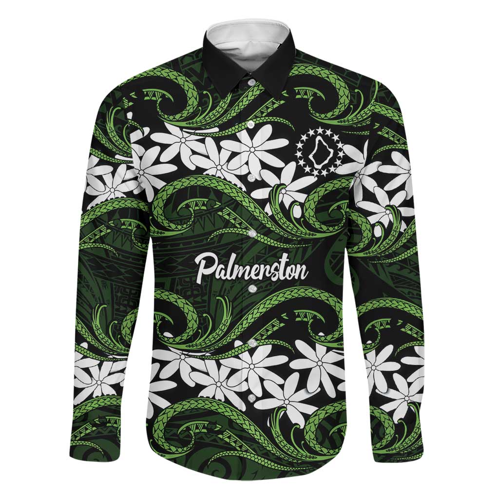 Personalised Cook Islands Palmerston Family Matching Puletasi and Hawaiian Shirt Tiare Maori Polynesian Waves Tattoo LT14 Dad's Shirt - Long Sleeve Green - Polynesian Pride