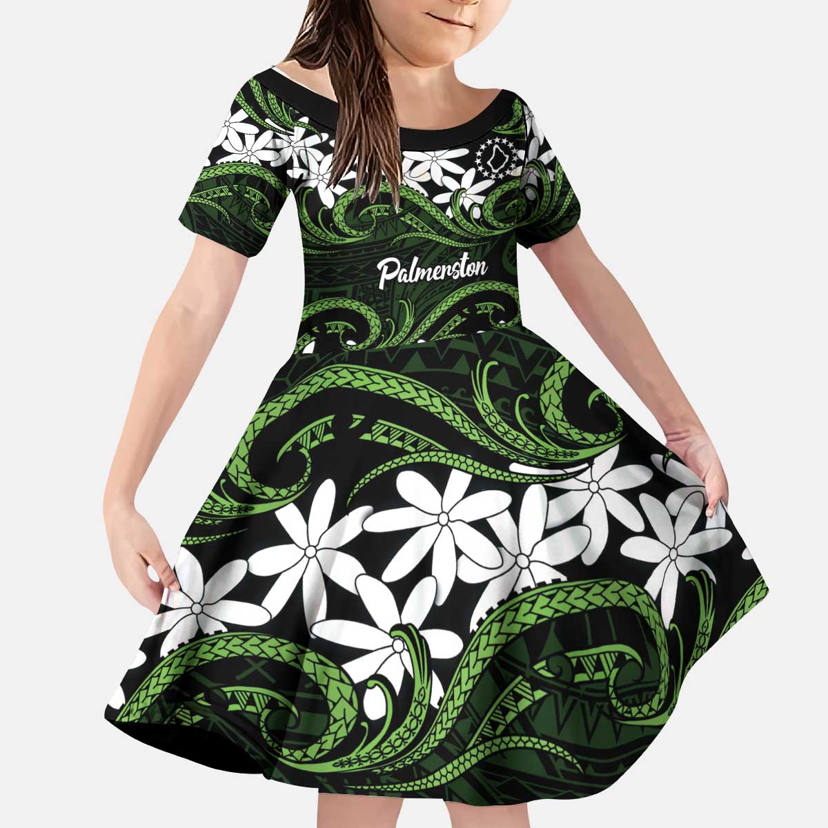 Personalised Cook Islands Palmerston Kid Short Sleeve Dress Tiare Maori Polynesian Waves Tattoo
