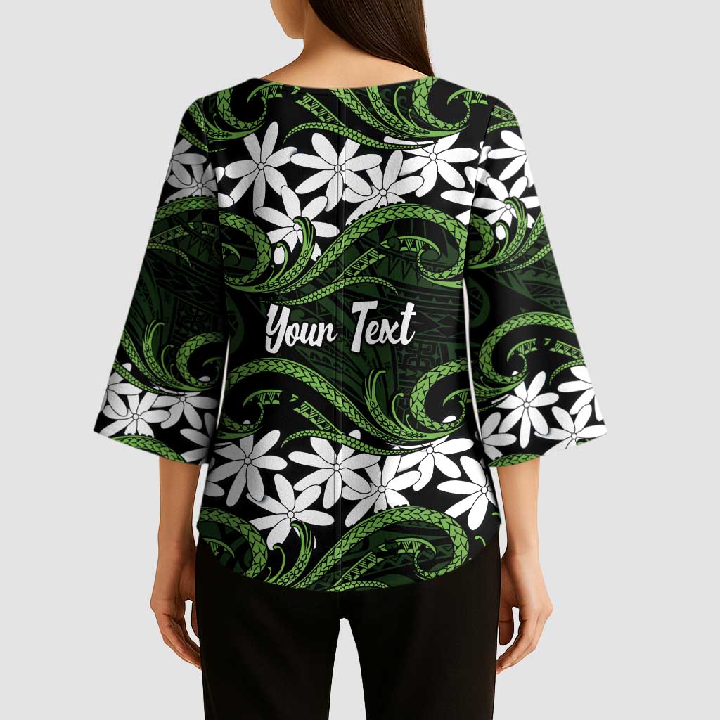 Personalised Cook Islands Palmerston Kimono Sleeve Blouse Tiare Maori Polynesian Waves Tattoo