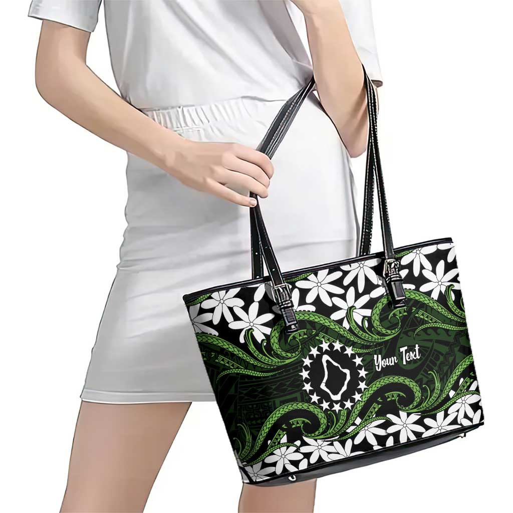 Personalised Cook Islands Palmerston Leather Tote Bag Tiare Maori Polynesian Waves Tattoo
