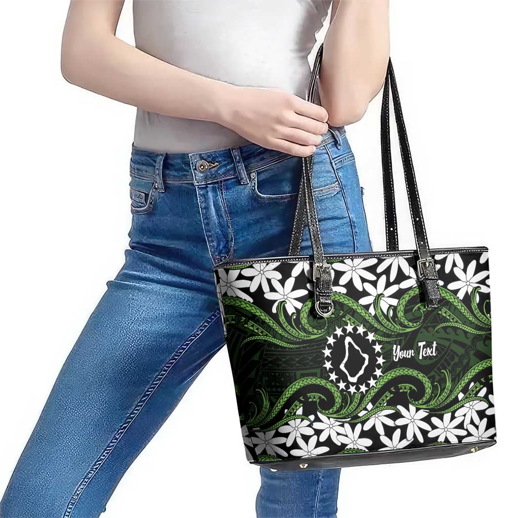 Personalised Cook Islands Palmerston Leather Tote Bag Tiare Maori Polynesian Waves Tattoo