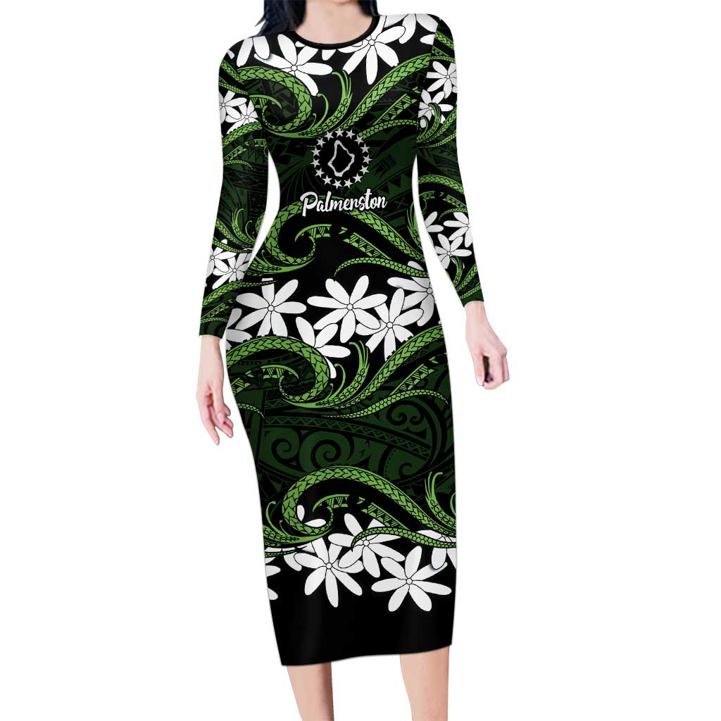 Personalised Cook Islands Palmerston Long Sleeve Bodycon Dress Tiare Maori Polynesian Waves Tattoo
