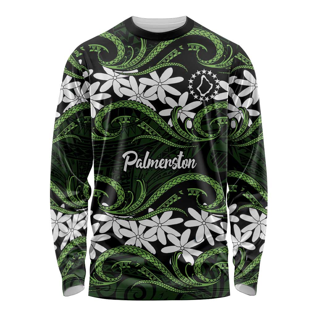 Personalised Cook Islands Palmerston Long Sleeve Shirt Tiare Maori Polynesian Waves Tattoo