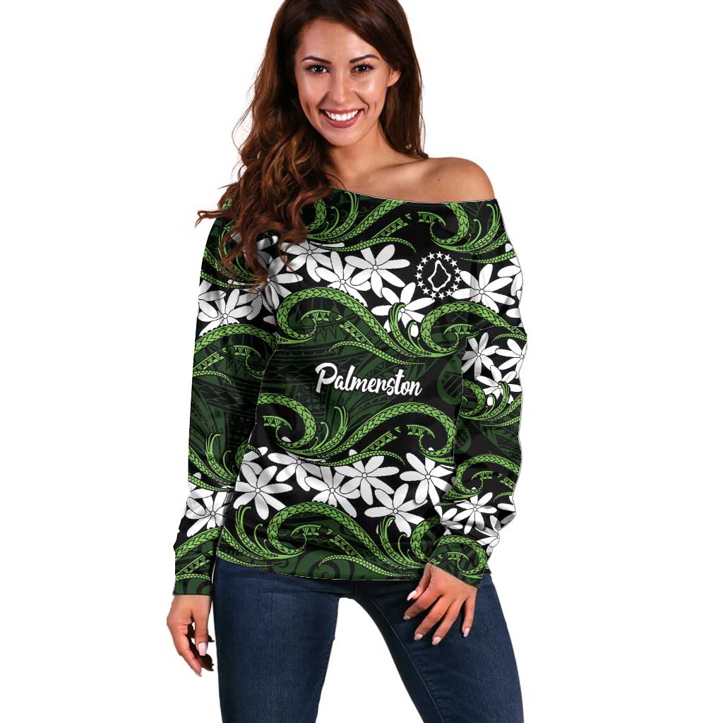 Personalised Cook Islands Palmerston Off Shoulder Sweater Tiare Maori Polynesian Waves Tattoo