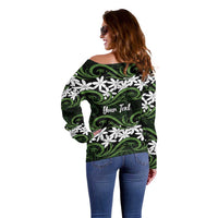 Personalised Cook Islands Palmerston Off Shoulder Sweater Tiare Maori Polynesian Waves Tattoo