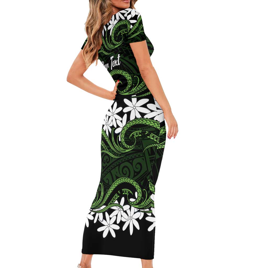 Personalised Cook Islands Palmerston Short Sleeve Bodycon Dress Tiare Maori Polynesian Waves Tattoo