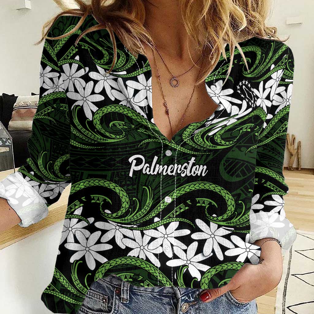 Personalised Cook Islands Palmerston Women Casual Shirt Tiare Maori Polynesian Waves Tattoo
