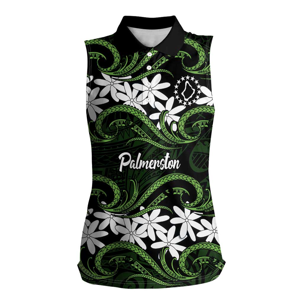 Personalised Cook Islands Palmerston Women Sleeveless Polo Shirt Tiare Maori Polynesian Waves Tattoo