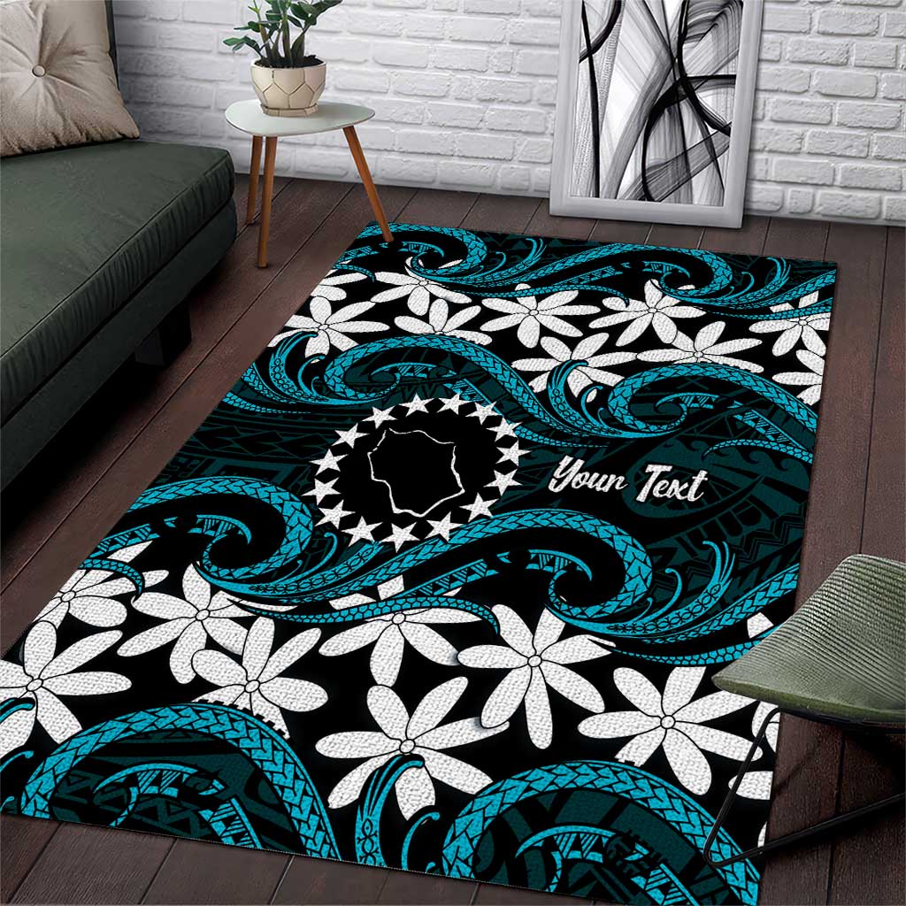 Personalised Cook Islands Penrhyn Atoll Area Rug Tiare Maori Polynesian Waves Tattoo