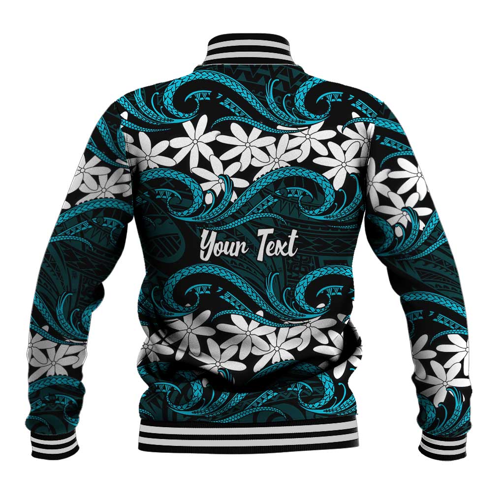Personalised Cook Islands Penrhyn Atoll Baseball Jacket Tiare Maori Polynesian Waves Tattoo