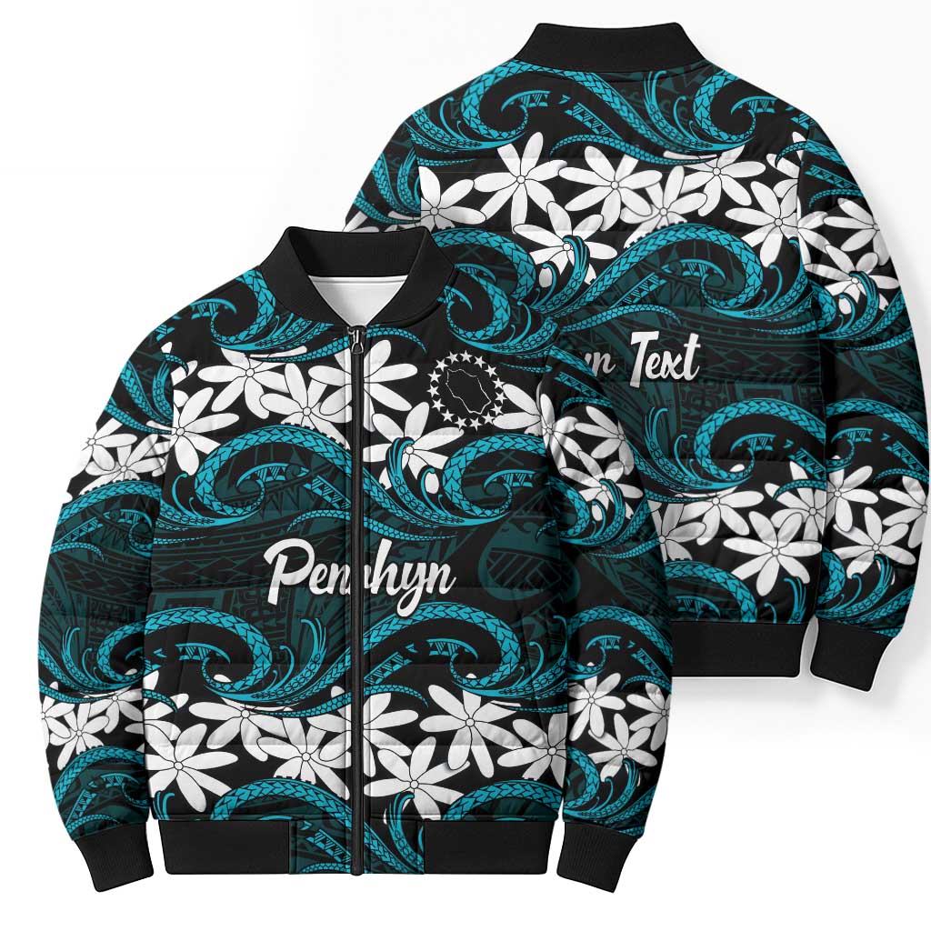 Personalised Cook Islands Penrhyn Atoll Bomber Puffer Jacket Tiare Maori Polynesian Waves Tattoo LT14 - Polynesian Pride