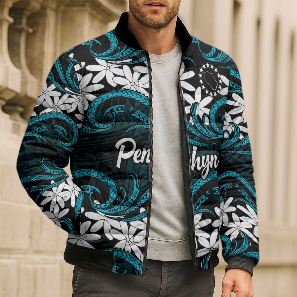 Personalised Cook Islands Penrhyn Atoll Bomber Puffer Jacket Tiare Maori Polynesian Waves Tattoo LT14 - Polynesian Pride