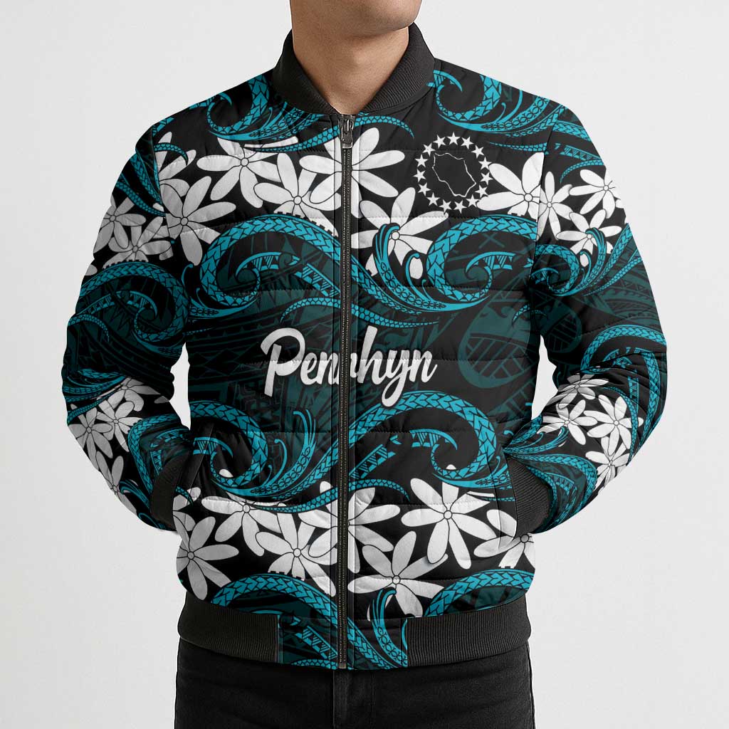 Personalised Cook Islands Penrhyn Atoll Bomber Puffer Jacket Tiare Maori Polynesian Waves Tattoo LT14 - Polynesian Pride