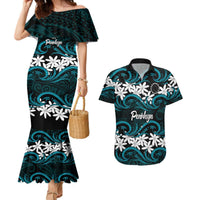 Personalised Cook Islands Penrhyn Atoll Couples Matching Mermaid Dress and Hawaiian Shirt Tiare Maori Polynesian Waves Tattoo LT14 Blue - Polynesian Pride