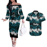 Personalised Cook Islands Penrhyn Atoll Couples Matching Off The Shoulder Long Sleeve Dress and Hawaiian Shirt Tiare Maori Polynesian Waves Tattoo LT14 Blue - Polynesian Pride