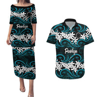 Personalised Cook Islands Penrhyn Atoll Couples Matching Puletasi and Hawaiian Shirt Tiare Maori Polynesian Waves Tattoo