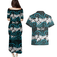 Personalised Cook Islands Penrhyn Atoll Couples Matching Puletasi and Hawaiian Shirt Tiare Maori Polynesian Waves Tattoo