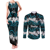 Personalised Cook Islands Penrhyn Atoll Couples Matching Tank Maxi Dress and Long Sleeve Button Shirt Tiare Maori Polynesian Waves Tattoo LT14 Blue - Polynesian Pride